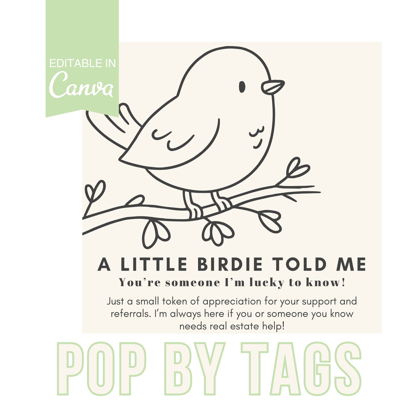 Illustration of a bird on a branch with referral real estate text and branding elements.