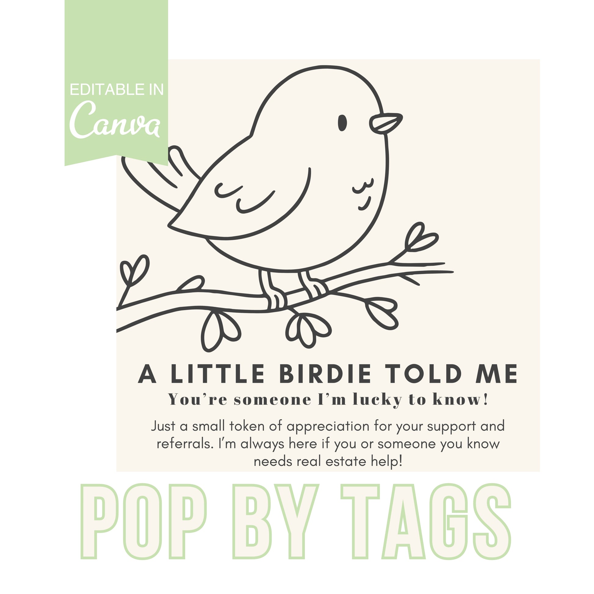 Illustration of a bird on a branch with referral real estate text and branding elements.