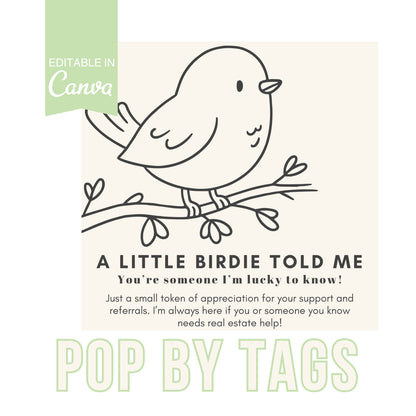 Illustration of a bird on a branch with referral real estate text and branding elements.