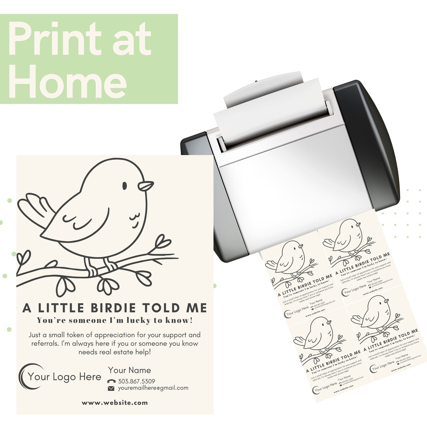 Printer with printed flyer featuring a bird illustration and text on a white background.