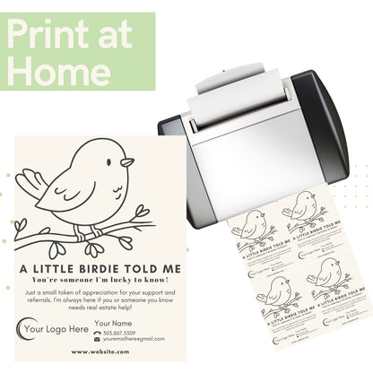 Printer with printed flyer featuring a bird illustration and text on a white background.
