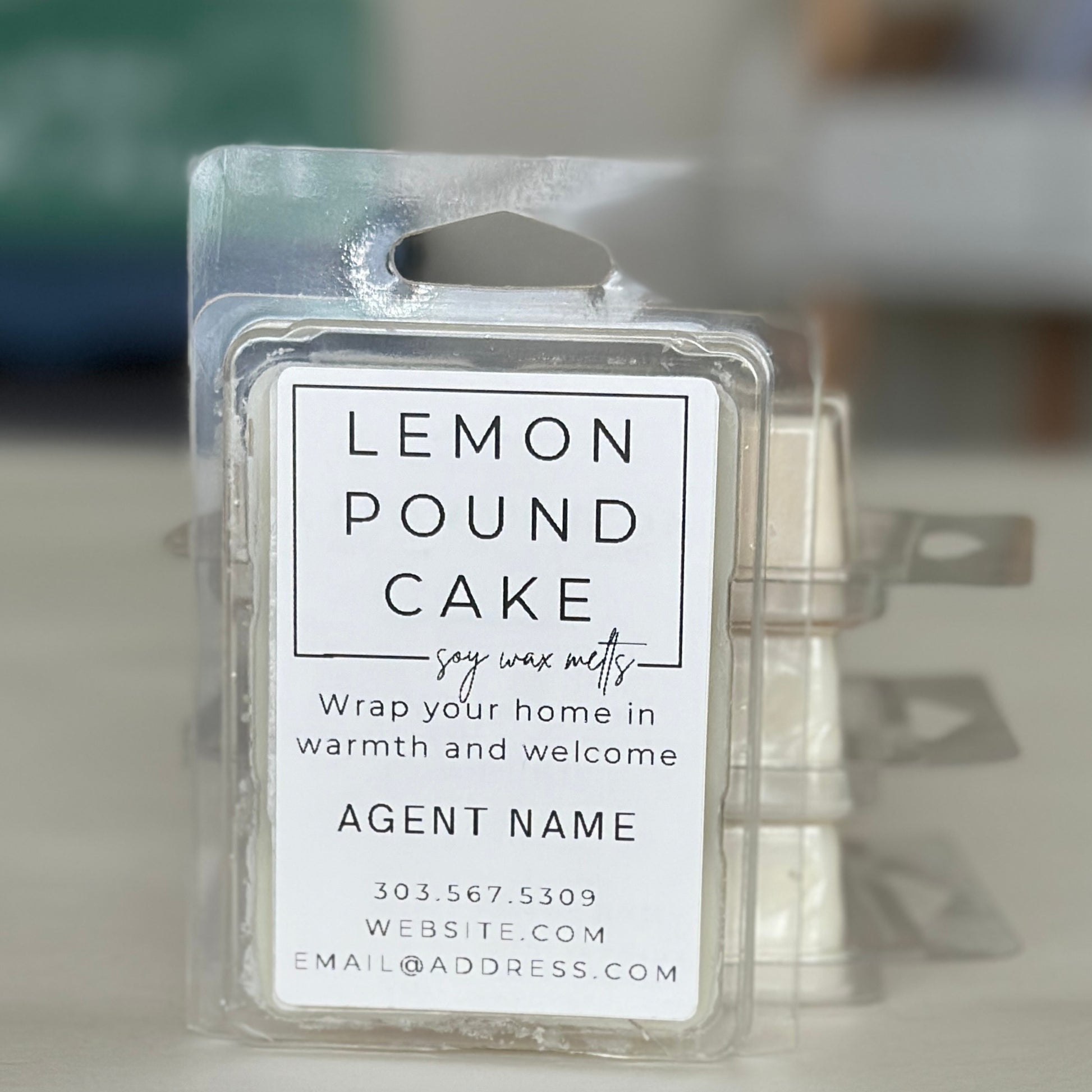 close up lemon pound cake soy wax melt personalized with real estate agents name