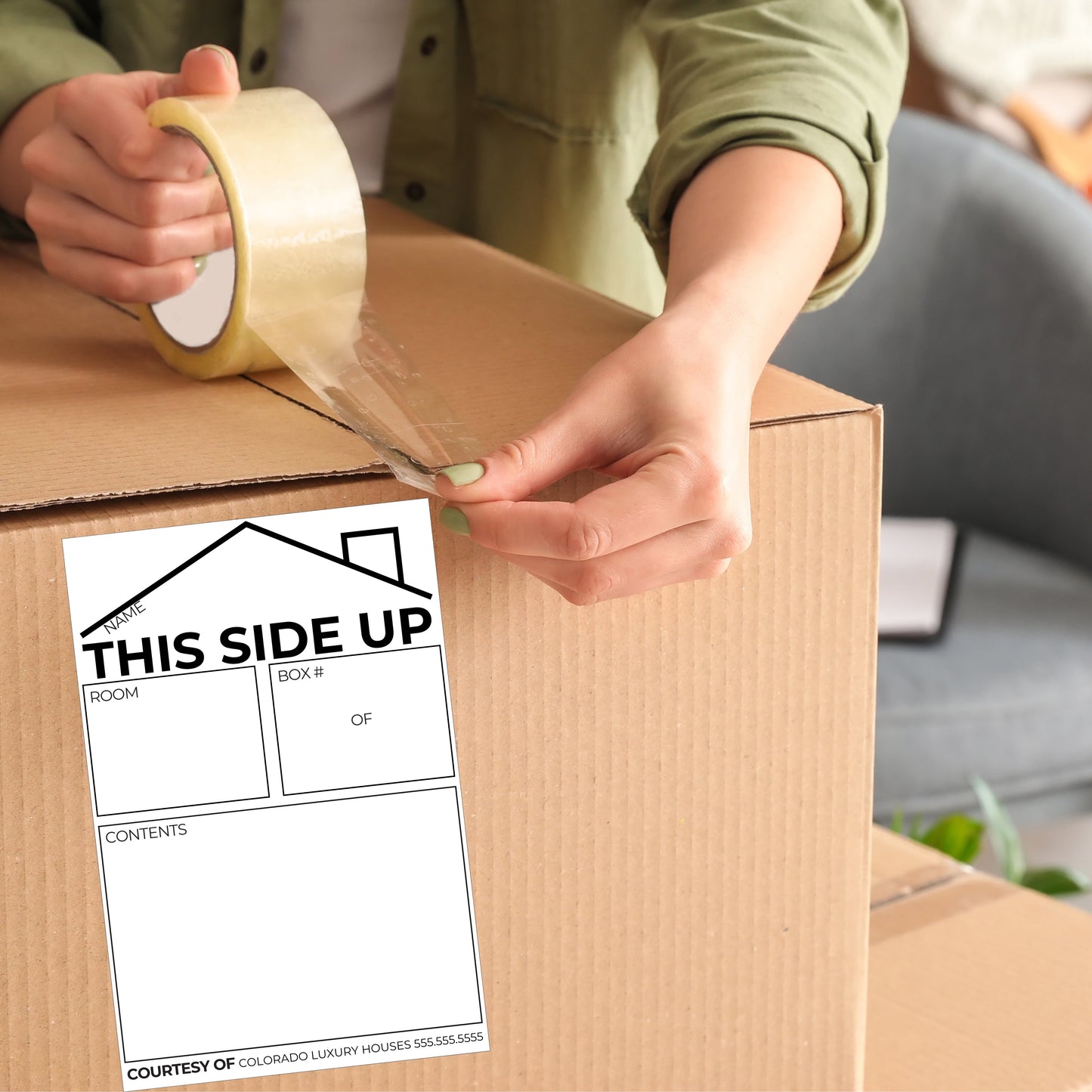 real estate agent branded This side up moving box stickers