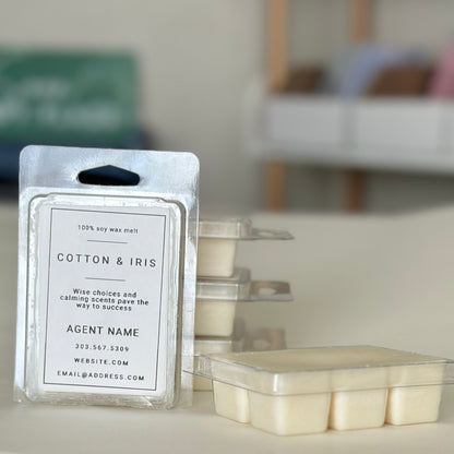 Cotton and Iris soy wax melts personalized with real estate agent's name 