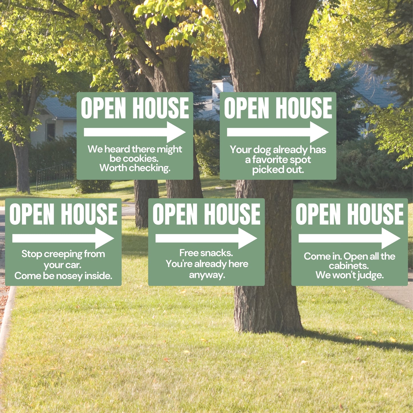 Open House Sign Pack — Sage Green | Set of 5 Funny Yard Signs for Real Estate Agents
