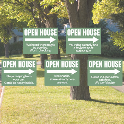 Open House Sign Pack — Sage Green | Set of 5 Funny Yard Signs for Real Estate Agents