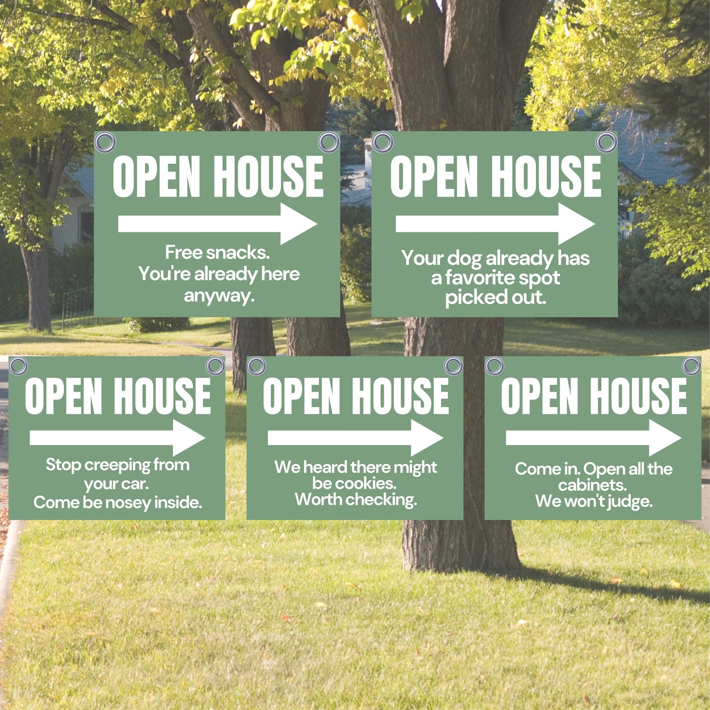 Open House Sign Pack — Sage Green | Set of 5 Funny Yard Signs for Real Estate Agents